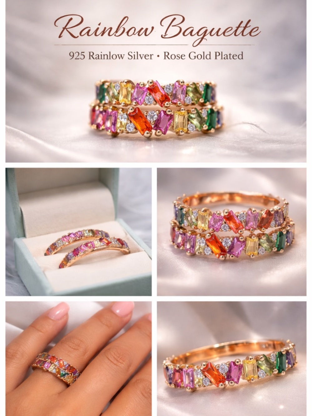 100% 925 Sterling Silver Adjustable Rainbow Baguette Ring, Rose Gold Finish